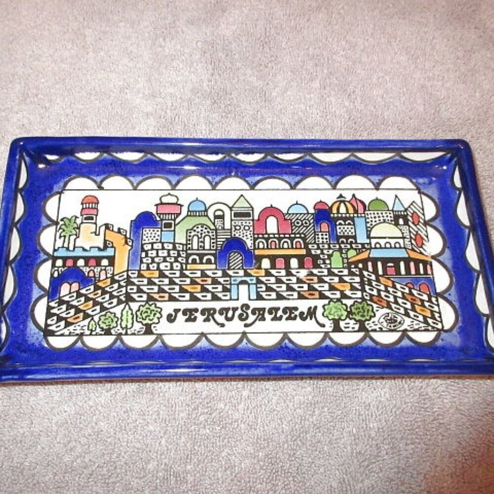 Vtg Jerusalem Armenian Pottery Tray Hand Painted Ceramic Israel Holy Land Decor